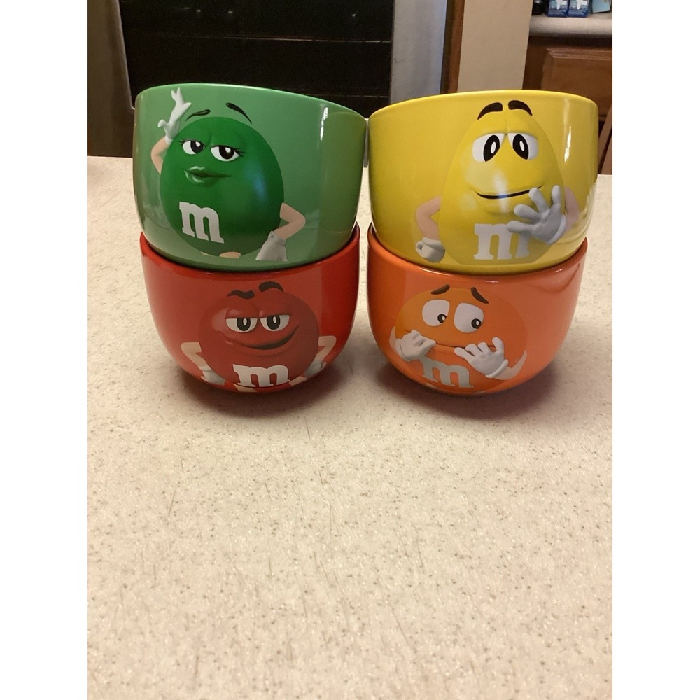 (4) M&M 2021 Ceramic Snack / Candy Small Bowls Yellow, Orange, Green & Red